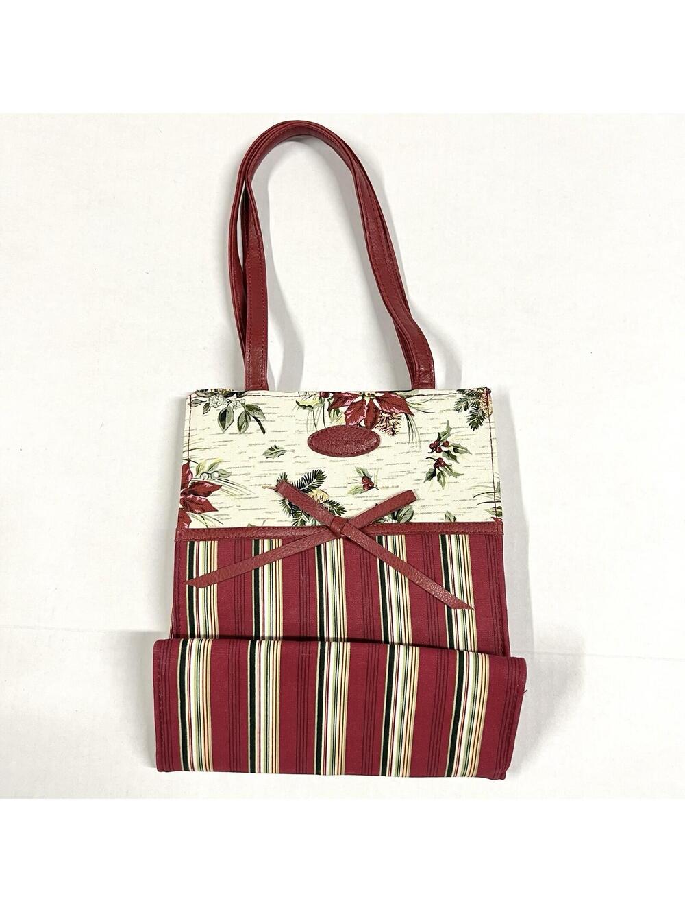 Longaberger Small Fabric Tote Bag Holiday Poinsettia Stripe Purse Magnetic Close